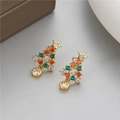 Macro detail of Christmas tree stud earrings with colorful zircons and golden star design - Gold Christmas Tree Style (H-10242)