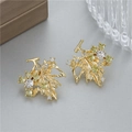 Pendientes de hoja de arce dorados con cristales de circón verdes y transparentes - Estilo Exquisito de Diamantes de Imitación de Hoja de Arce (H-10155)