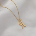 Gold plated box chain necklace featuring a capital letter H pendant with zircon inlay - Letter H (GX0028-H) / Gold