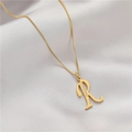 Letter R gold pendant necklace featuring zircon inlay on a delicate box chain - Letter R (GX0028-R) / Gold