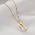Minimalist gold necklace featuring a zircon-inlaid letter I pendant on a box chain - Letter T (GX0028-T) / Gold
