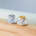 Miniatur Kaffeetasse aus weißem Emaille mit schwarzen Punkten und Goldrand - Weiß Schwarz Punktmuster Tasse Untertasse Stil (N-0270) / Palladiumfarbe (N-0270)