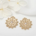 Macro detail of gold-plated round evil eye charms with zircon inlays and beaded edges - Evil Eye Hammered Style (H-3748)