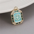 Macro detail of rectangle gold pendant with blue enamel and Nordic Vegvisir compass symbol - Blue Enamel Compass Rune Style (H-7326)