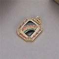 Macro detail of octagonal gold pendant with rainbow gemstones and pink zircon edges - Black Enamel Rainbow Style (H-8040)