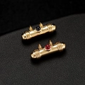 14K gold plated cylindrical jewelry pendant with micro-inset gemstones and dual hooks - Dark Blue Gemstone Style (14K Gold H-6666 Black)