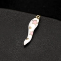 Elegant white enamel chili pendant with pink stars and gold accents on black leather - White Star Horn Style (H-6665 White)