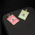Golden Evil Eye rectangular pendants with pink and green enamel and crystal inlay - Green