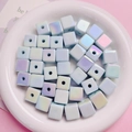 Iridescent cube acrylic beads with AB coating and vertical holes for DIY jewelry making - Blue