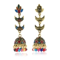 Μποέμ σκουλαρίκια Jhumka vintage χρυσά με πολύχρωμα σμάλτα και λεπτομέρειες χαντρών - Πολύχρωμο