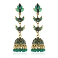Detail of green enamel Jhumka earrings with golden lotus stud and hanging beads - Green