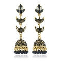 Detail view of ethnic Jhumka earrings with golden crescent and black beads fringe - Black