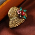 Elegant gold hat-shaped brooch with amber crystals and floral rhinestones for women - Antique Gold Champagne Hat