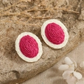 Handmade woven oval earrings with two-tone ivory and rose red straw fiber design - Rose Red/White