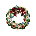 Detailed close-up of a Christmas wreath brooch with green holly and red bow rhinestones - Red KC Gold