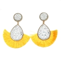 Bohemian crystal teardrop earrings with bright yellow fan tassel on white background - Yellow