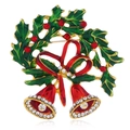 Broche de campanas navideñas con hojas de acebo verdes y lazo de esmalte rojo - Oro KC