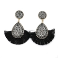 Ethnic vintage fan-shaped earrings with grey crystals and black silk tassels - Black