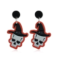 Kreative Acryl Totenkopf Ohrringe mit schwarzem Hexenhut und rotem Rand für Halloween - Weiß Rot Schwarz