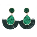 Vintage bohemian fan-shaped earrings with dark green tassels and inlaid crystals - Dark Green