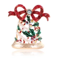 Dettaglio spilla a campana di Natale con strass rossi e foglie di agrifoglio verdi - Oro KC Multicolore