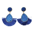 Bohemian style fan shaped drop earrings with royal blue rhinestones and blue tassels - Sapphire Blue