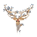 Broche tête de cerf luxueuse en alliage doré avec fleurs en émail bleu et cristaux blancs - Bleu
