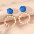 Retro round hoop earrings with royal blue woven ball and gold frame with white pearls - Sapphire Blue