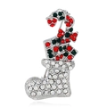 Detail van kerstkous broche met fonkelende rode en groene strass-steentjes en zuurstokje - Zilver Rood + Groen