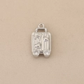 Macro shot of silver suitcase charm with airplane relief and sparkling zircon rollers - Silver