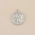 Detailed relief flower round pendant with cubic zirconia on textured metal surface - Silver