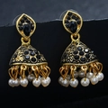 Bohemian gold jhumka earrings featuring black gemstones and delicate white pearl fringes - Black Antique Gold