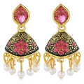 Bohemian gold Jhumka earrings with pink pear-shaped gemstones and white faux pearls - Rose Red Gold