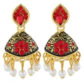 Bohemian gold jhumka earrings with red crystals, black enamel and white pearls - Red Antique Gold
