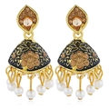 Bohemian gold Jhumka earrings with amber rhinestones and white pearl beads drops - Coffee Antique Gold