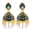Bohemian gold jhumka earrings with green and blue gemstones and white pearl beads - Deep Green Antique Gold