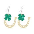 Glittery green four-leaf clover and golden horseshoe dangle earrings for St. Patrick's Day - Green Gold
