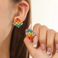 Fashionable rhombus stud earrings with colorful rainbow rhinestones and gold finish - Multicolor KC Gold Stud