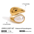 Waterproof gold stainless steel ring with elegant teardrop pearl inlay and metal overlap - Double Teardrop Style (JDR0111007-WT)