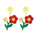 Floral stud earrings featuring colorful resin petals and green leaves in a sweet style - Red