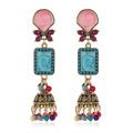 Vintage bohemian drop earrings with colorful enamel and bell tassels on white background - Antique Gold-Light Blue