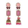 Vintage gold Jhumka bell earrings with pink enamel, butterfly rhinestones and beads - Antique Gold-Rose Red