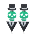 Halloween skull earrings with green glitter skulls and black acrylic geometric top hat design - Green/Black/White