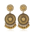 Vintage Indian style golden hoop earrings with sunburst relief and metallic bead tassels - Antique Gold