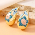 Retro C-förmige Tropfenohrringe in Goldmetall mit bunten Emaille-Blumenmustern - Wassertropfen Blumenstil / Umweltfreundliches Seeblau helles KC Gold