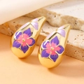 Vintage goldene Tropfenohrringe mit lila Emaille-Blumenmuster und Punk-Stil - Wassertropfen Blumenstil / Umweltfreundliches Violett helles KC Gold