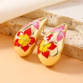 Retro Punk C-förmige goldene Tropfenohrringe mit bunten Emaille Blumenmustern für Damen - Wassertropfen Blumenstil / Umweltfreundliches Rot helles KC Gold
