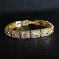 Detail of luxury gold-plated square bracelet with micro-pave cubic zirconia on black leather - Rectangular Rhinestone Halo Gold Style (s5779 Gold)