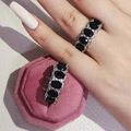 Silver ring with oval black stones and white zircons in a pink velvet box - US 5 / Black