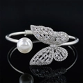 Silver butterfly open bangle with white pearl and sparkling cubic zirconia crystals - Silver Butterfly Pearl Style
